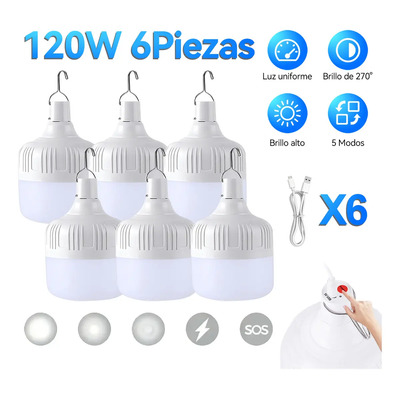 Naiwant® 6pzs Lámpara De Emergencia 120w Recargable Usb Foco Led Color Luz Blanca Pack 6 Lámpara Blanco Frío 5 Modos De Iluminación
