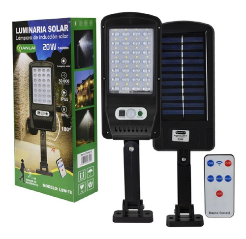 Lampara Led Solar 20w Panel Incluido Control Remoto Ip65 Color Negro