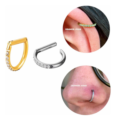 Piercing Titânio D Ring Click Cravejado - Orelha - Nariz 