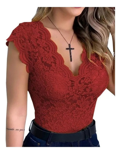 Blusa Moderna, Transparente Y Sexi De Encaje Con Escote En V