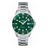 Reloj Swiss Alpine Military Deep Sea Diver 300m 7095.2134sam Malla Plateado Bisel Verde Fondo Verde