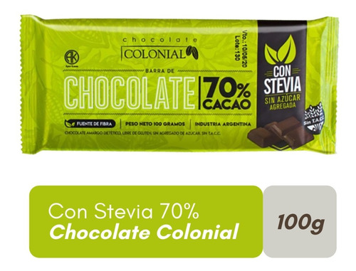 Chocolate Colonial Stevia 70% Cacao X100g - Sweet Market