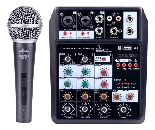 Mesa De Som 4 Canais Bluetooth + Microfone Kit Profissional