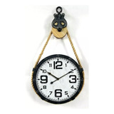 Reloj Decorativo De Pared Con Polea Y Cuerda Vintage Grande Color De La Estructura Negro Color Del Fondo Blanco