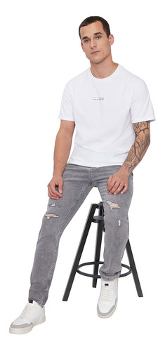 Jeans Hombre Skinny Fit Gris Claro Roturas Corona