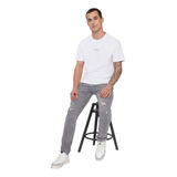 Jeans Hombre Skinny Fit Gris Claro Roturas Corona