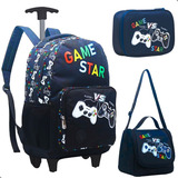 Kit Mochila Rodinha Grande Infantil Juvenil Game Star Menino