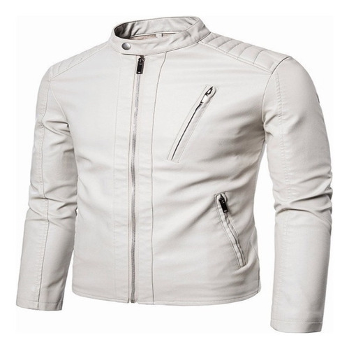 Chamarra Piel Slim Fit Moda Hombre Tipo Biker Blanca