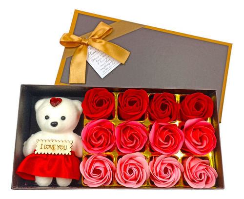 Caja De Regalo Para Novia O Mamá Con Oso Y Rosas Aromáticas 