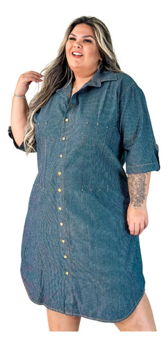 Vestido Feminino Jeans Manga 3/4 Plus Size