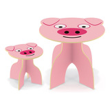 Kit Mesa Infantil Com Banquinho Madeira Pig Móveis Mdf