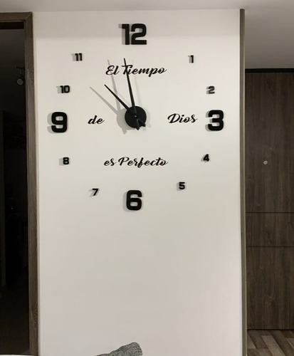 Reloj De Pared 3d  100x100cm + Frase En Vinilo Color Negro 