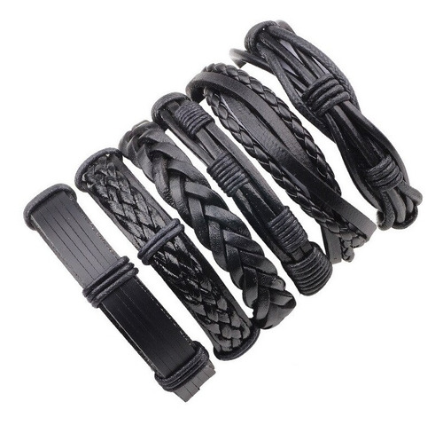 Conjunto Pulsera Brazalete Hombre Moda Soga Cuero 6 En 1