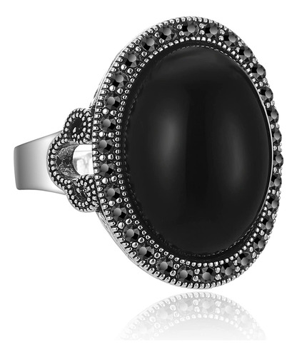 Aprilery Anillos De Ónix Negro, Anillo De Plata De Marcasita