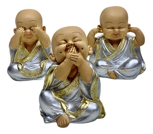 Trio Buda Prata Bebê Cego Surdo Mudo Estatueta Monge Enfeite