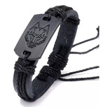 Pulsera Brazalete Lobo Negro Cuero Piel Hombre Mujer Pareja