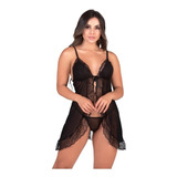 Camisola Sexy Tule Transparente Abertura Frontal + Calcinha