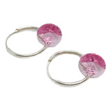 Aros Argollas Con Cristal Rosa Colgante Plata 925 1,4 Cm