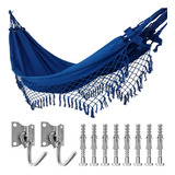 Kit Rede De Dormir Casal Azul Royal + Ganchos Reforçada