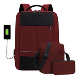 Mochila Usb  Bolsa  Lapicera, Set 3 Piezas Viaje Escolar Oficina Casual 3005 S Color Rojo