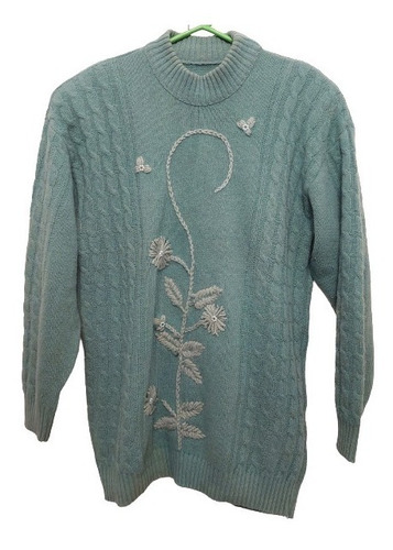 Sweater Trenzado Lana Cuello Redondo T.l Bordado Flor/perla