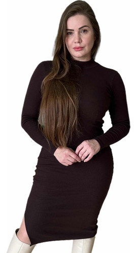 Vestido Tubinho Canelado De Algodão C/elastano Inverno Midi