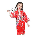 Kimono Infantil De Cetim Com Estampa De Pavão - Vermelho