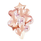 Set Globos Estrella Corazones Latex Oro Rosa Confeti X14 Pcs