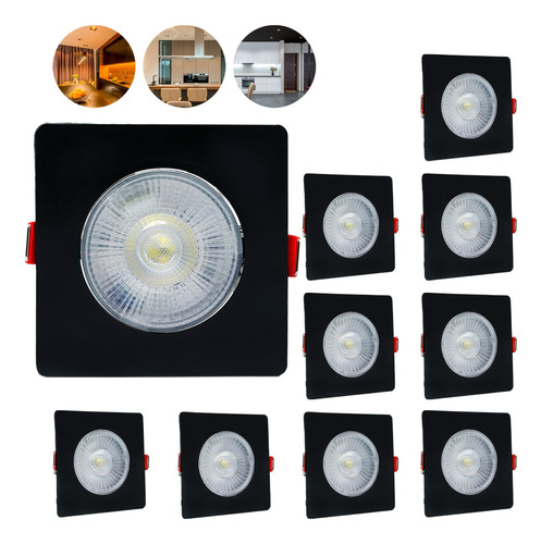 Kit 10 Spot Led Capa Preto 7w Direcionável Quadrado 