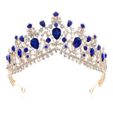 Conjunto Tiara Brinco Dourado Azul Strass Festa Luxuoso