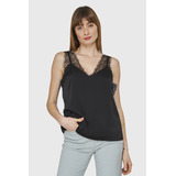 Blusa Satín Encaje Tirante Ancho Negro Nicopoly