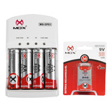 4 Pilhas Aa + 1 Bateria Recarregável 9v + Carregador Mox