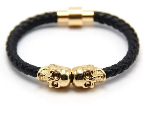 Pulsera Brazalete Negro De Cuero Para Hombre Calavera Cráneo