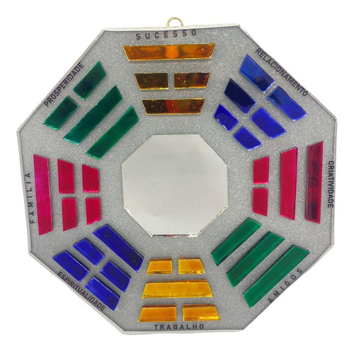 Baguá Feng Shui Vidro Espelhado Colorido Prateado Octogonal