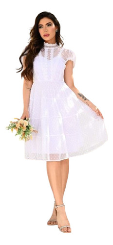 Vestido Midi Noiva Rodado Casamento Civil Branco Off M117