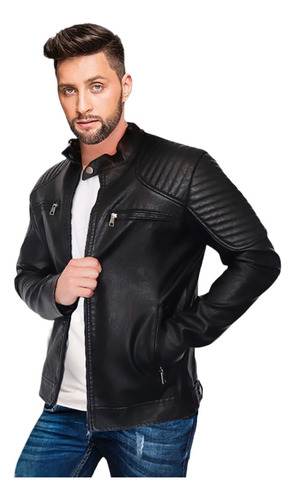 Chamarra Vini Piel Slim Fit Hombre Tipo Biker Negro