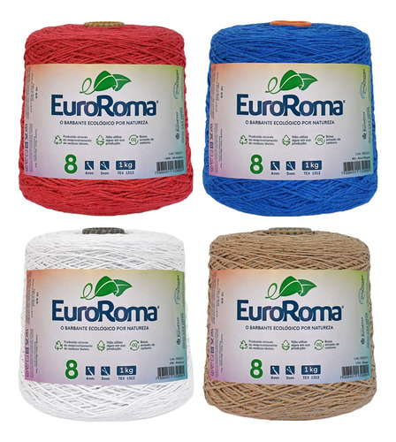 Kit 4 Cones Euroroma 1kg Fio 8 Colorido Barbante Para Crochê