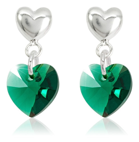 Aretes Mujer Plata Corazon Cristal Swarovski Verde Esmeralda