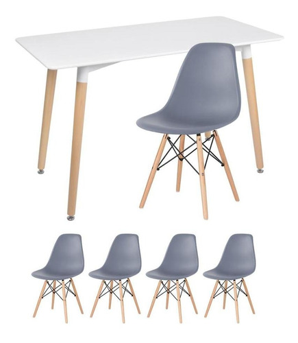 Kit Mesa Jantar Eames Retangular  4 Cadeiras Eiffel Wood Av Cor Da Tampa Mesa Branco Com Cadeiras Cinza Escuro