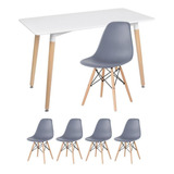 Kit Mesa Jantar Eames Retangular  4 Cadeiras Eiffel Wood Av Cor Da Tampa Mesa Branco Com Cadeiras Cinza Escuro