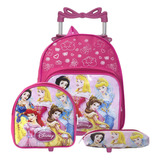 Kit Mochila Infantil Com Rodinha Menina Princesas Estojo Cor Rosa