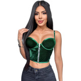 Blusa Tipo Corset De Terciopelo Crop Verde Con Cremallera