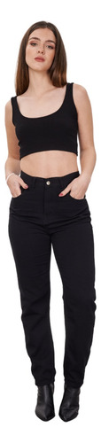 Pantalón Jeans Mom Negro Clasico De Mujer Tiro Alto Rígido 