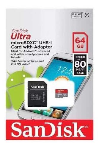 Memoria Micro Sd Sandisk 64g Clase 10 De 80mb/s Original