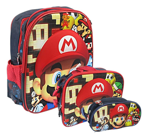 Kit X3 Maleta Morral Mario Bros Lonchera Cartuchera Pequeño