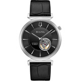 Reloj Bulova Classic Regatta Automatic Open Heart 96a234 Color De La Malla Negro Color Del Bisel Plateado Color Del Fondo Negro