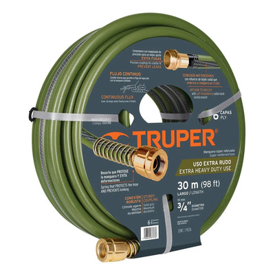 Manguera 3\u002F4'', Flujo Continuo, 6 Capas, 30m, Truper 100148 Color Verde | Meses sin interés