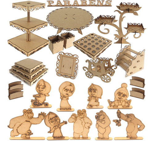 Kit Provençal  Mesa Mdf Cru 3mm Masha E O Urso Brinde Nome