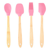 Conjunto 4 Utensílios De Silicone Cabo Em Bambu Rosa Lyor