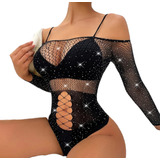 Body Strass Red Transparencia Sexy Manga Larga Importado